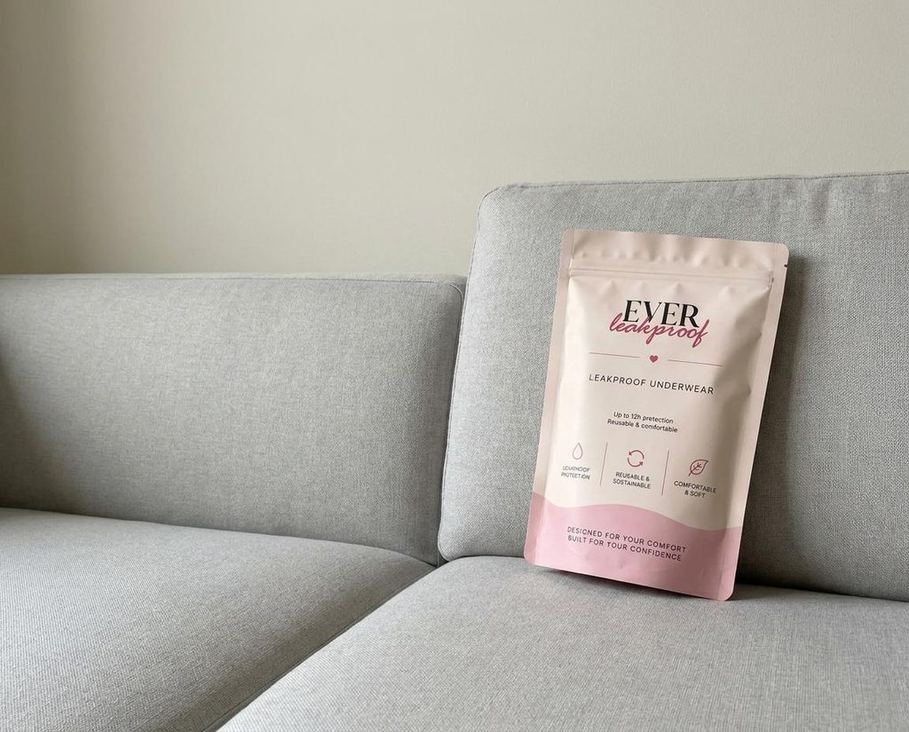 EverLeakProof leak-proof underwear package on a sofa