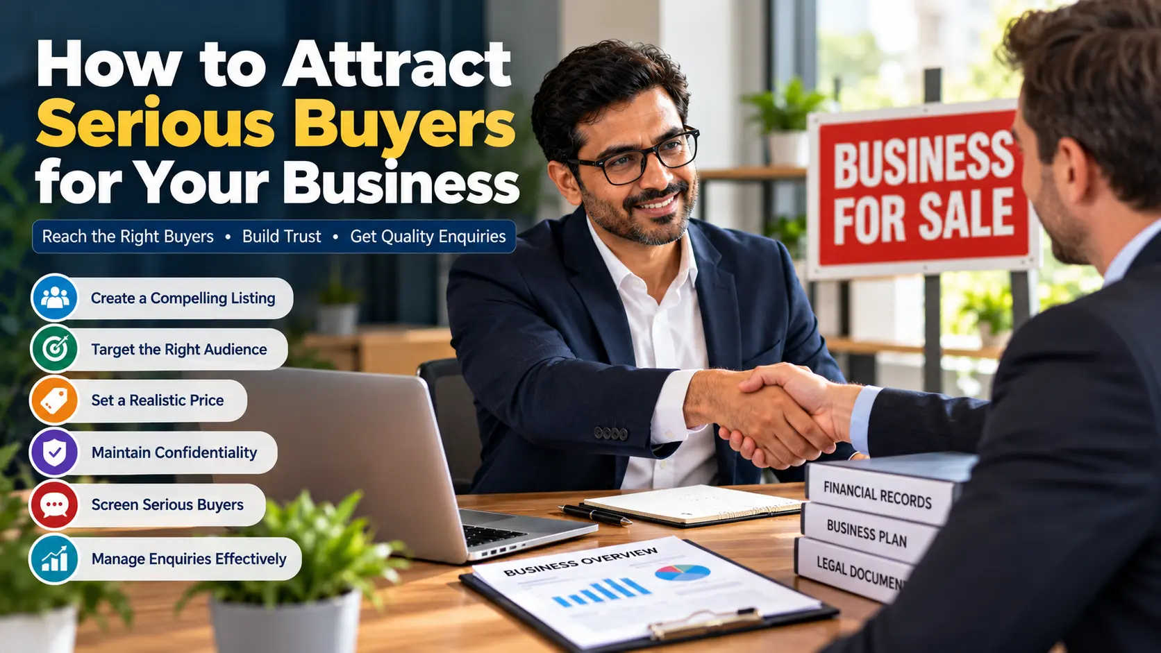 Business owner discussing a potential business sale with a prospective buyer, with financial records and a business-for-sale sign in an office.