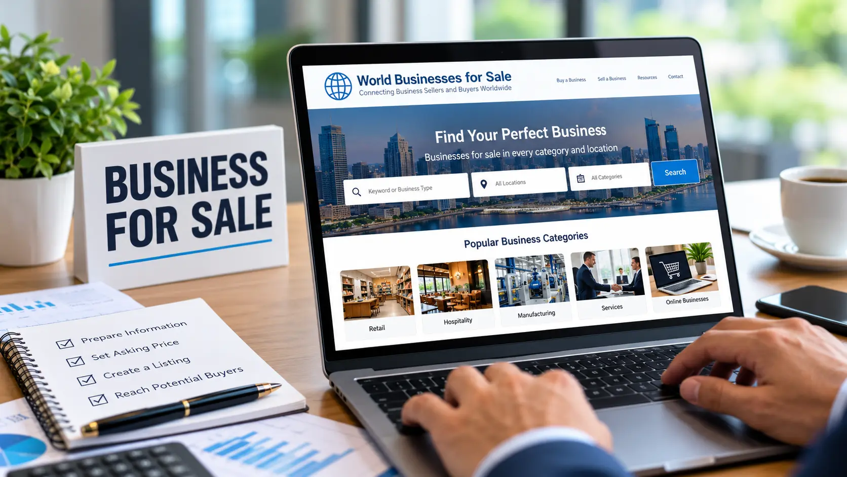 Professional reviewing an online business-for-sale marketplace on a laptop, with a business-for-sale sign and a checklist for reaching potential buyers.