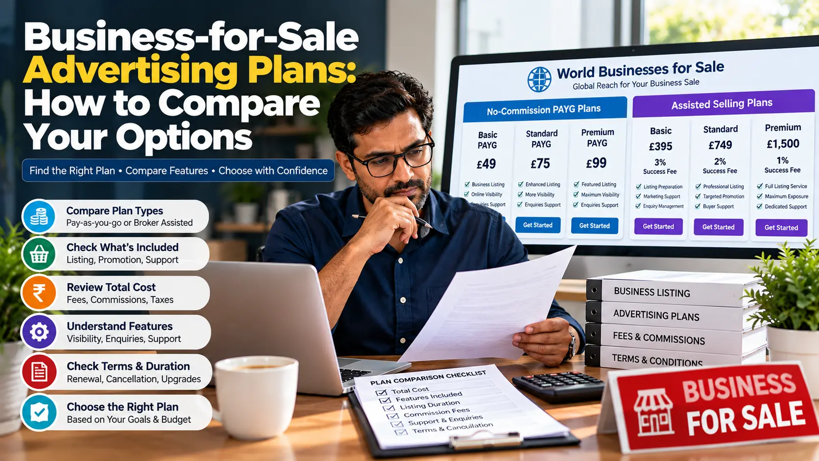 Business-for-Sale Advertising Plans: How to Compare Your Options Business owner comparing business-for-sale advertising plans on a monitor, reviewing plan features, fees, commissions, and listing options.