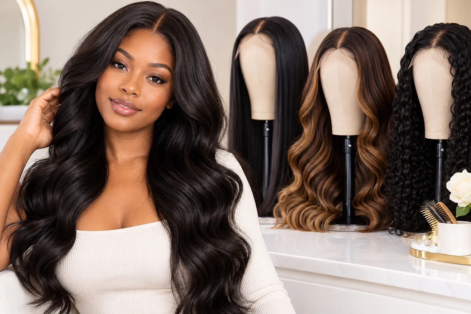Woman with long black wavy hair alongside different human hair wig styles on mannequin stands