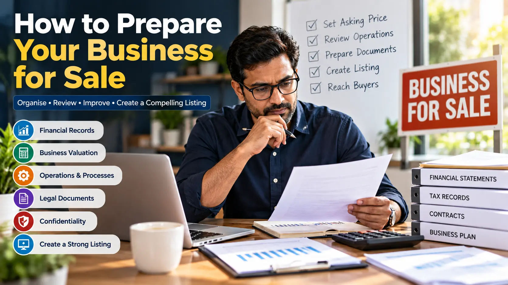 Business owner preparing to sell a business, reviewing financial records, valuation, legal documents, and an operational checklist at an office desk.