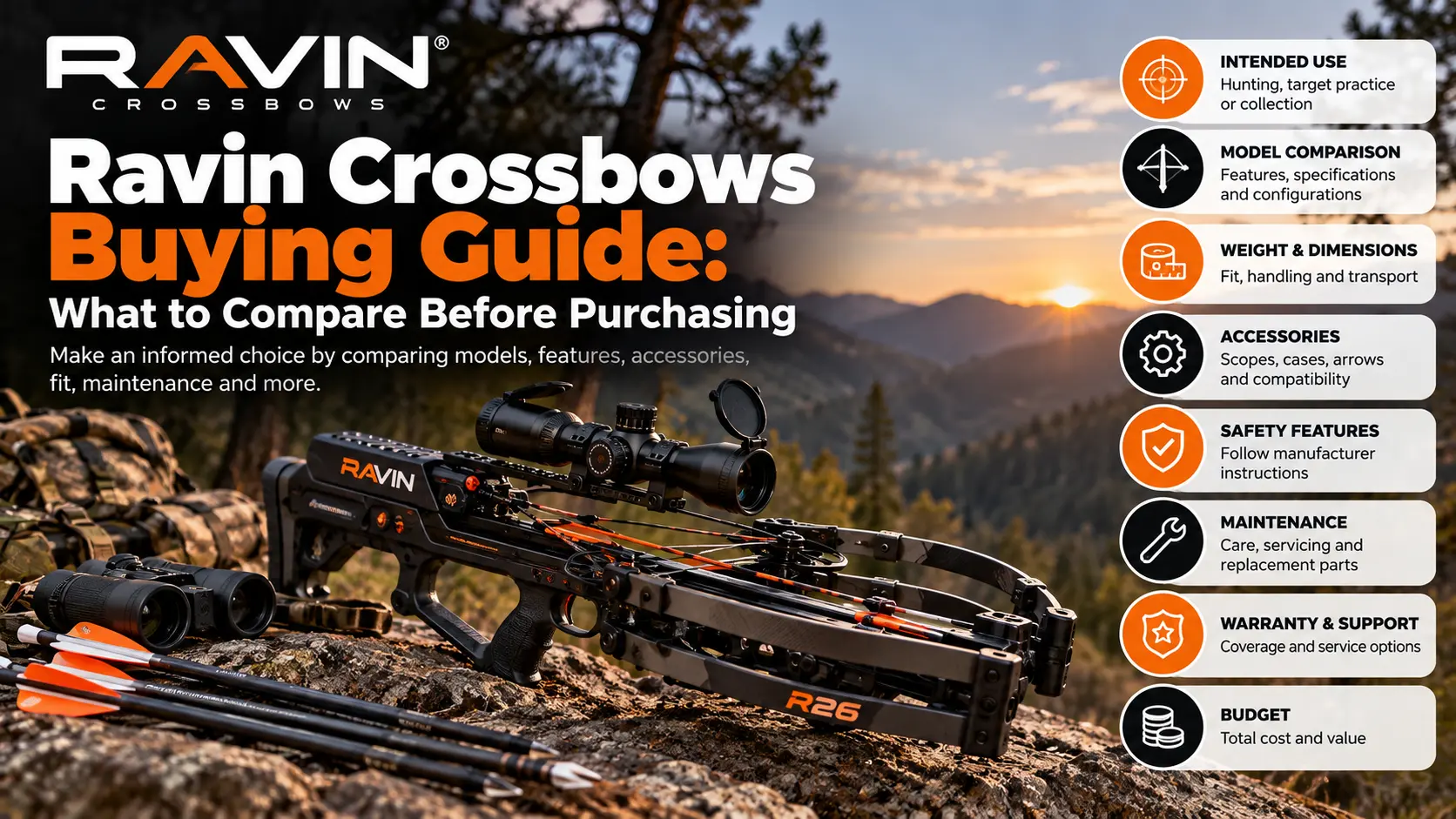 Ravin crossbow product image for a buying guide covering model specifications, accessories, maintenance, and safety considerations.